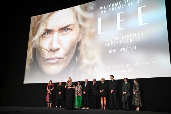 Kate Solomon, director Ellen Kuras, Kate Winslet, Alexandre Desplat, Noemie Merlant, Alexander Skarsgard and Andrea Riseborough attend the UK Premiere of Sky Original 'LEE' at ODEON Luxe Leicester Square on 3 September 2024.