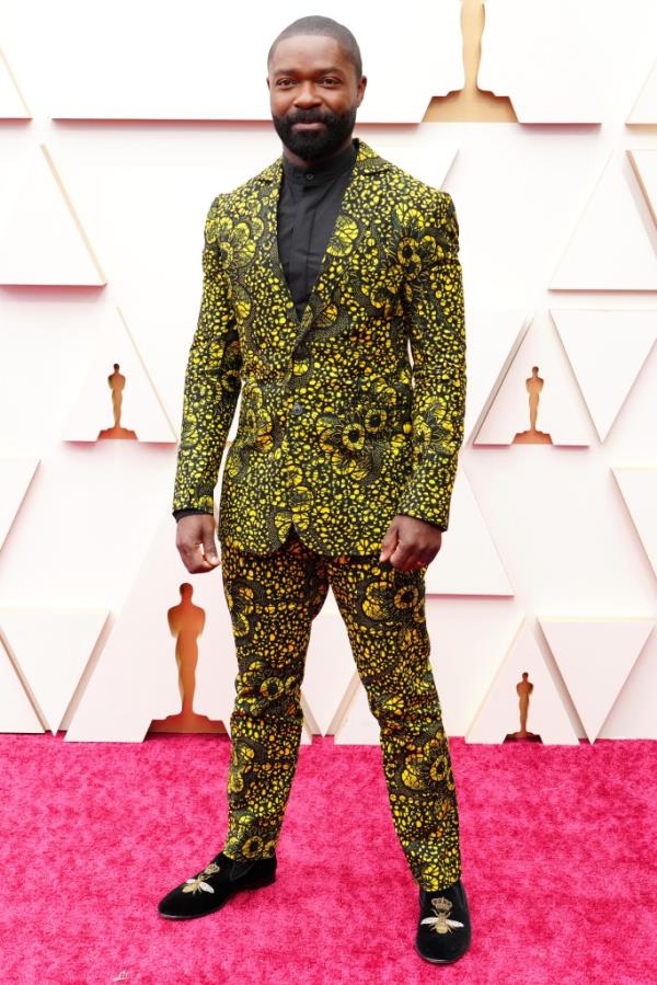 David Oyelowo on the red carpet in a boldly patterned suit