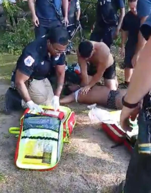 EMS performs CPR.