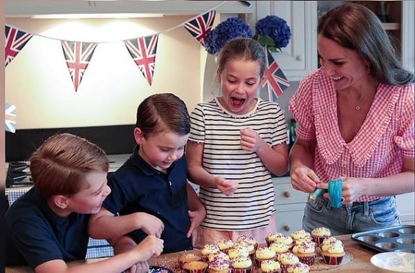 George, Louis and Charlotte decorating cupcakes with their mother Kate Middleton for a Platinum Jubilee street party.