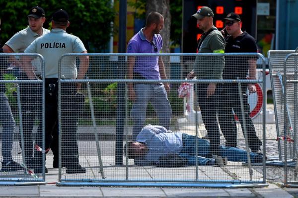 Police officers detaining a person after a shooting incident involving Slovak PM Robert Fico in Handlova, Slovakia, May 15, 2024