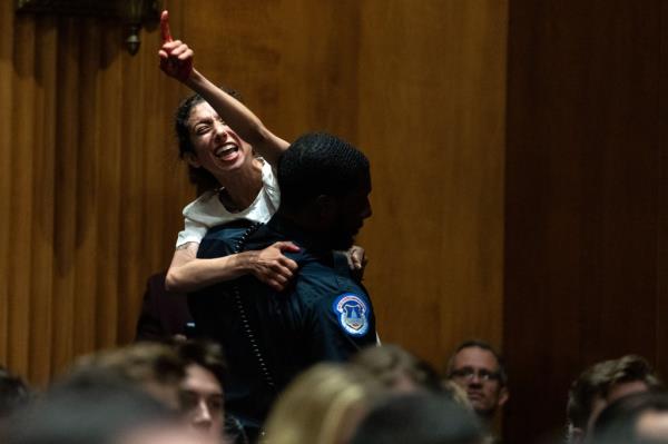 As protesters started to speak up, Chairman Sen. Ben Cardin instructed an officer to remove the individual.</p>

<p>　　