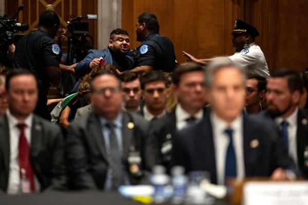 A Pro-Palestinian demo<em></em>nstrator is seen being forcibly removed from a Senate Foreign Relations Committee hearing.