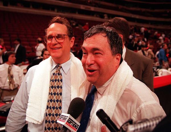 Chairman Jerry Reinsdorf, left, and general manager Jerry Krause after the Bulls defeated the Jazz in the 1997 NBA Finals.