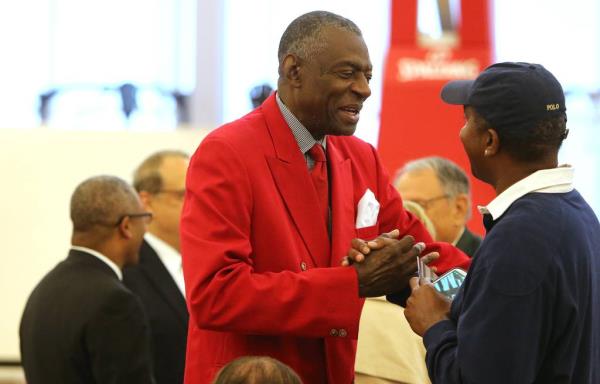 Bob Love greets guests in 2017 at the Bulls' new downtown training facility, the Advocate Center.