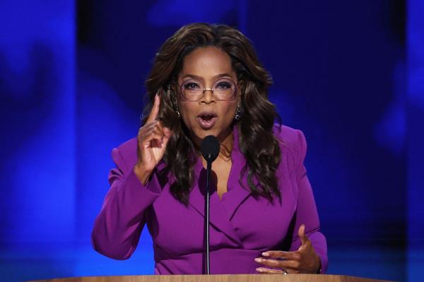 Winfrey gives her speech on the third night of the DNC at the United Center, wher<em></em>e she pledged her support to the party's soon-to-be presidential nominee and current Vice President Kamala Harris.