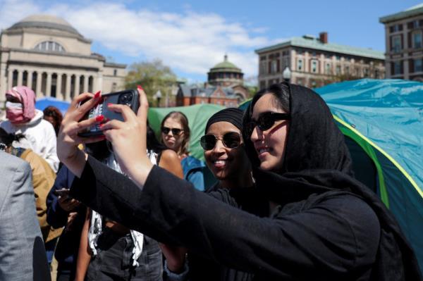 U.S. Democratic House Representative Ilhan Omar visiting the student protest encampment at Columbia University amidst o<em></em>ngoing co<em></em>nflict between Israel and Palestine