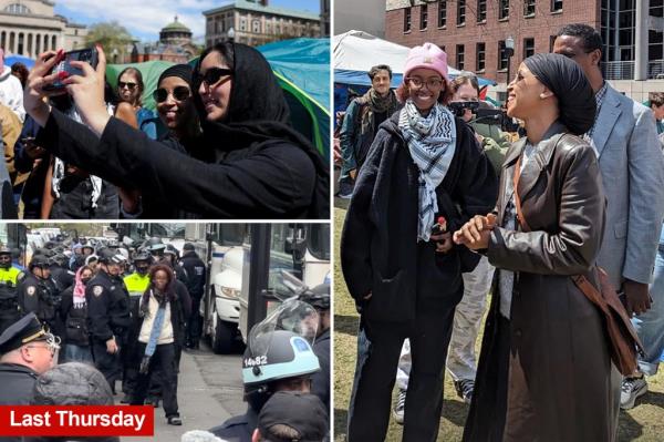 Isra Hirsi, daughter of US Rep. Ilhan Omar, being arrested by NYPD in riot gear during a raid on Columbia University campus with numerous protesters detained in the background