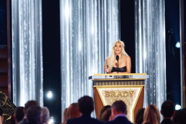 Kim Kardashian makes her speech at the Tom Brady comedy roast special in Los Angeles