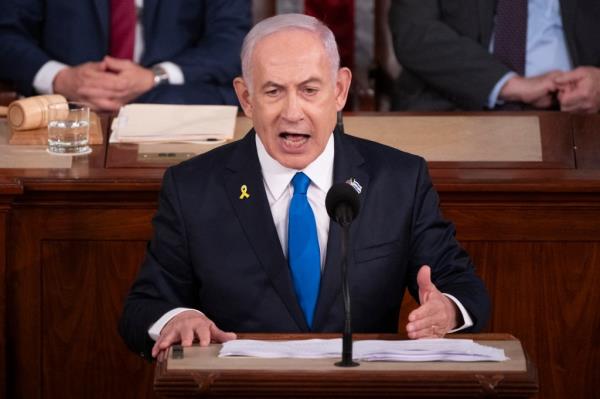 Israeli Prime Minister Benjamin Netanyahu speaking to a joint meeting of Co<em></em>ngress at the US Capitol, Washington, DC.