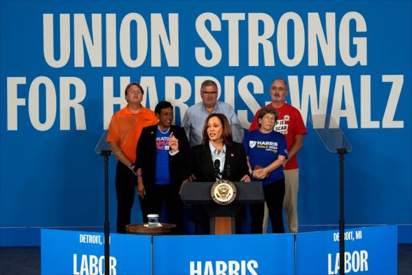 Democratic presidential nominee Vice President Kamala Harris speaks during a campaign event at Northwestern High School in Detroit, Monday, Sept. 2, 2024.