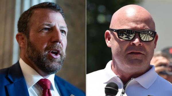 Sen. Markwayne Mullin (R-Okla.), at left, challenged Internatio<em></em>nal Brotherhood of Teamsters President Sean O'Brien, right, to a physical fight on Tuesday.