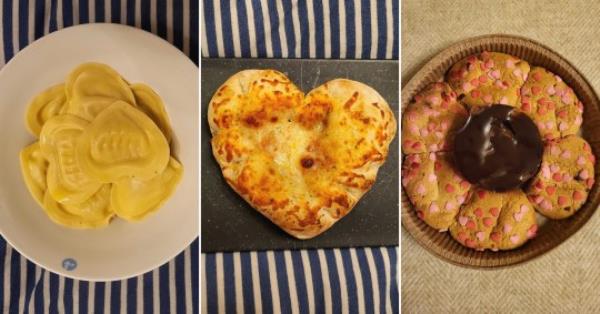 The Aldi Valentine's Day meal, with lobster pasta (left) garlic bread (middle) and tear and share coo<em></em>kie (right)