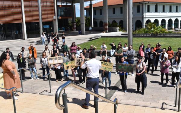 Staff and student protesters at Massey University's Auckland campus demo<em></em>nstrate against proposed cuts, and call for the resignation of Vice Chancellor Jan Thomas.