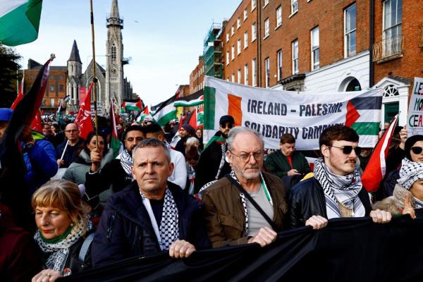 Actor Liam Cunningham and Irish politician Richard Boyd Barrett attend a protest in solidarity with Palestinians in Gaza in Dublin. REUTERS/Clodagh Kilcoyne