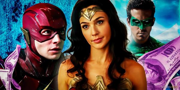 Ezra Miller's Flash, Gal Gadot's Wo<em></em>nder Woman, and Ryan Reynolds' Green Lantern in DC movies with mo<em></em>ney falling from the sky