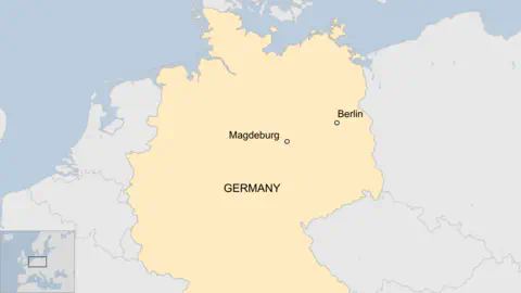 A map of Germany showing the location of Magdeburg and the capital, Berlin