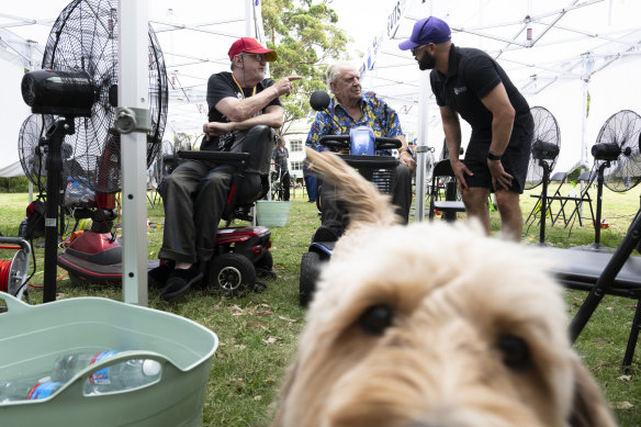 Dr Timothy English (right) with Nick Drury (left) and Rob Day (centre) who are taking refuge - with a few pets - in St Vincent’s Hospital’s and the University of Sydney’s cooling hub in Surry Hills.