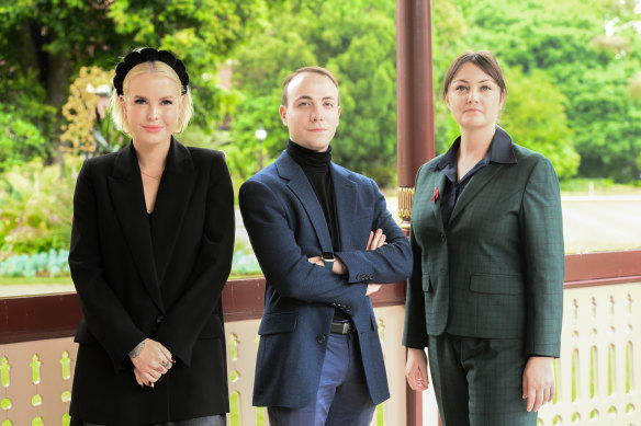 Animal Justice Party MP Georgie Purcell (left), Greens MP Aiv Puglielli and Rachel Payne from Legalise Cannabis.